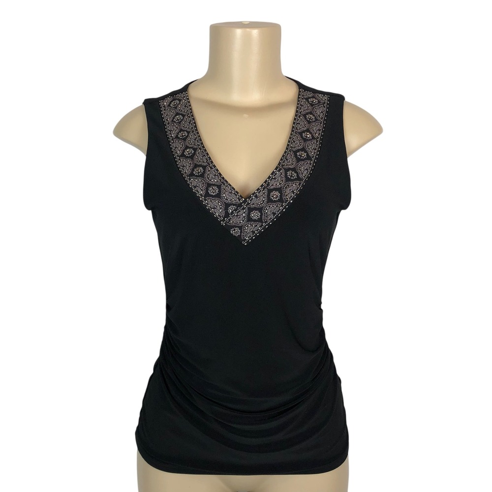 WHBM Beaded Embroidered V-Neck Ruched Sleeveless Y2K Cami Tank Top Small